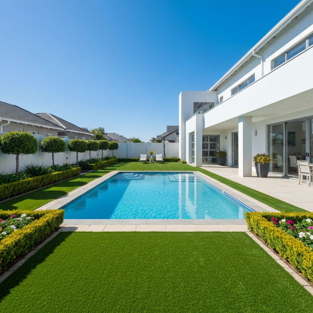 Backyard with pool and synthetic grass